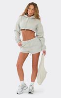 Shorts de survêtement certifiés à taille mi-haute avec cordon de serrage gris pour femme, ensemble 2 pièces en coton épais avec sweat à capuche court, direct usine
