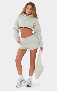 Certified Mid Rise Drawstring Waist Sweat Shorts In Grey Women Cropped Hoodies 2 Pieces Heavyweight Cotton Track Suit Factory - Product Image 3
