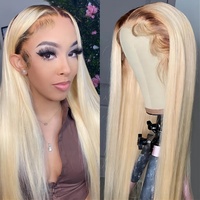 Perruque à dentelle frontale 360 transparente HD, cheveux humains 100%, raides, blond cendré 613 ombré, racines brun foncé pré-épilées