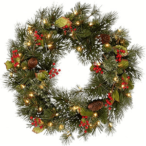 Corona navideña de PVC verde flocado de 40 cm de diámetro con bolas y guirnalda de bayas rojas para decoraciones navideñas - Product Image 4