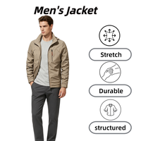 Veste zippée pour homme, veste technique décontractée pour l'extérieur, col haut, poches sur la poitrine, poignets ajustables, couleur unie kaki, manteau d'extérieur