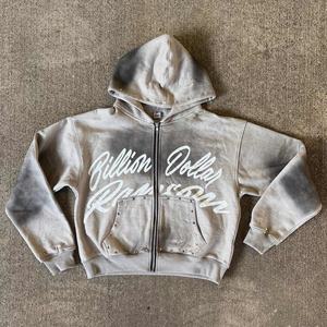 Sweat à capuche surdimensionné personnalisé de style streetwear, délavé à l'acide, déchiré, avec strass, délavé au soleil, fermeture éclair, sweat à capuche de survêtement pour hommes - Product Image 1