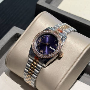 Montre à cadran violet haut de gamme - Lunette sertie de diamants, mouvement automatique avec fenêtre de date classique, unisexe - Product Image 6