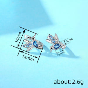 Elegantes pendientes con forma de pájaro en plata 925 con pedrería de cristal azul para uso diario de las mujeres, diseño de animales lindos - Product Image 5