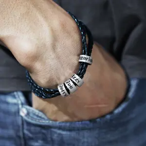 Bracciale intrecciato in pelle da uomo personalizzato con bracciale con nome alfabeto multistrato fai da te