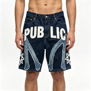 Streetwear Custom Applique Patch Embroidered Men's Baggy Straight Leg Vintage <b>Wash</b> Denim Shorts Jorts OEM Garment Manufacturer - Product Image 3