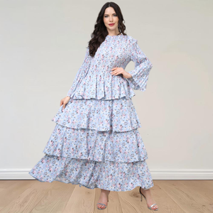 Fabricación Personalizada <span class=keywords><strong>de</strong></span> <span class=keywords><strong>Vestidos</strong></span> <span class=keywords><strong>de</strong></span> Mujer <span class=keywords><strong>de</strong></span> Alta Calidad para Iglesia, Estampado Floral Azul, Manga Larga Plisada al Estilo Miyake, Bohemio, Modesto y <span class=keywords><strong>de</strong></span> Capas - Product Image 1