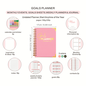 Agenda Planner Giornaliera, Settimanale e Mensile Personalizzata Senza Data, Taccuino A5 con Copertina Rigida in Pelle e Rilegatura <span class=keywords><strong>a</strong></span> Spirale - Product Image 3