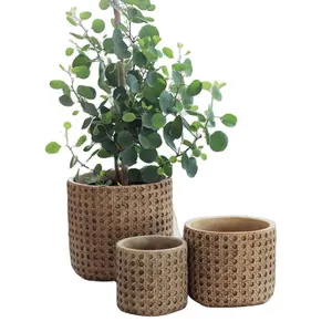 Bamboo Weaving Design Cement Flower Pot Antique Classic Traditional Chinese Brown TT Contemporary Decor Large Pot Black Support