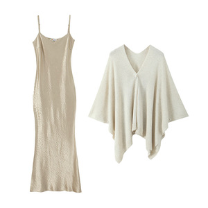 ชุดเสื้อคลุมคาร์ดิแกนผ้าลินินผสมฝ้ายสำหรับผู้หญิง Runqi สีแอพริคอตแชมเปญโกลด์ พร้อมเดรสทรงหลวมสีพื้น ขนาดโอเวอร์ไซส์ สวมใส่สบาย - Product Image 1