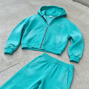 Conjunto de chándal para <span class=keywords><strong>hombre</strong></span> con lavado ácido, estilo vintage, con cremallera, sudadera con capucha de pedrería y pantalones de chándal - Product Image 4