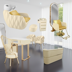 ชุดเฟอร์นิเจอร์ร้านทำผมสุดหรูทันสมัยสีทองขาว แพ็คเกจร้านเสริมสวย ชุดอุปกรณ์ร้านตัดผมหนัง PU แบบกำหนดเอง อุปกรณ์เสริมสวย HUIYI - Product Image 2