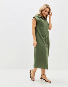 Olive Màu Xanh Lá Cây Rắn Linen Bông Không Tay Áo Sơ Mi Ăn Mặc Cho Phụ Nữ Nút Phía Trước Tự Nhiên Eo Phù Hợp Với Vành Đai Giữa Chiều Dài Mặc Giản Dị - Product Image 2