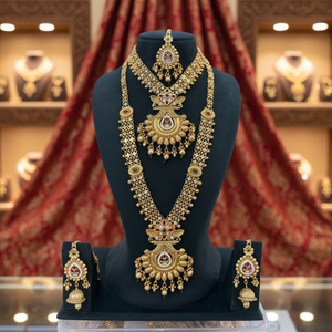 Gold Plated Kundan Stone and <b>Beads</b> Double Necklace <b>Set</b> 10581340PGR Fine Jewelry for Women - Product Image 3