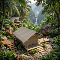 Tente de glamping safari tout temps en toile imperméable anti-UV avec escalier et terrasse pour camping tropical