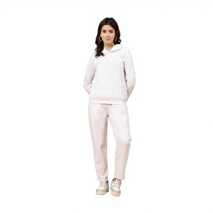 Women's <b>White</b> Hooded Tracksuit <b>2</b> <b>Piece</b> <b>Set</b> Full Sleeve Loose Fit Casual Wear Knitted Cotton Hoodie & Pants - Product Image 1
