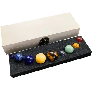 9 Planets Solar System Tumbled Stones Healing Crystal Gemstone Ball Set with Wooden box Display Semi-Precious Stone Crafts