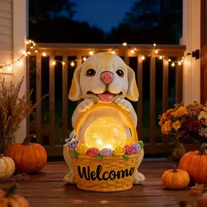 Güneş enerjili karşılama köpek reçine heykel, bahçe yolu için sevimli hayvan heykeli, sıcak hoş geldin yazısı ile açık parti dekor - Product Image 1