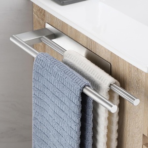 Porte-serviettes moderne double noir mat en acier inoxydable, auto-adhésif, pour salle de bain, avec option de fixation sans perçage - Product Image 2