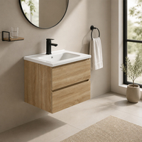 Meuble-lavabo mural flottant de style farmhouse avec vasque intégrée, moderne, écologique, en contreplaqué, double tiroir, résistant à l'eau