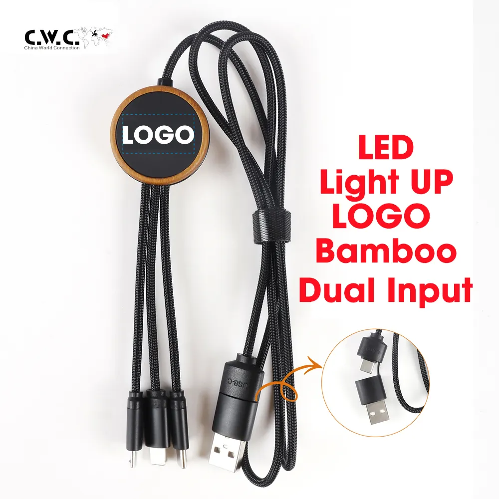 Eco-Friendly Custom LED Logo Light Up Multiple Long Charge Cord Dual Input USB 3 in 1 Bamboo Charging Cable
