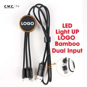 Cabo de carregamento de bambu 3 em 1 USB de entrada dupla com logotipo LED personalizado ecológico ilumina vários cabos de carga longos