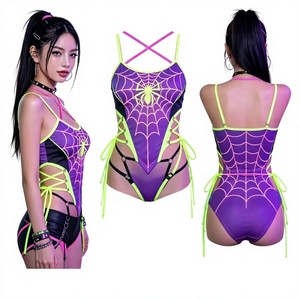 Body sexy morado neón con diseño de telaraña para mujer, con aberturas y cordones, reactivo a los rayos UV, de poliéster y spandex, disfraz para fiestas rave. - Product Image 4