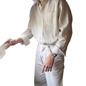Chemise à manches longues en coton mélangé pour homme, rayures abricot, sans plis, décontractée, printemps-été, coupe jeune - Product Image 5