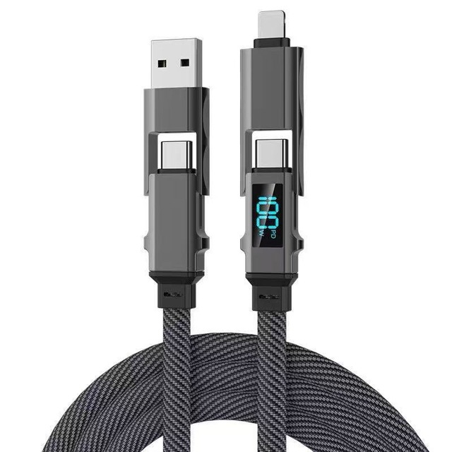Wholesale 65W 3A Type-C to Type-C Nylon Flat Braided LED Display 4-in-1 Fast Charging Cable for Phone Mac iPad