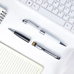 Pen bola logam glitter kristal, pena bola kelas atas mewah layak dengan flash drive USB dan stylus