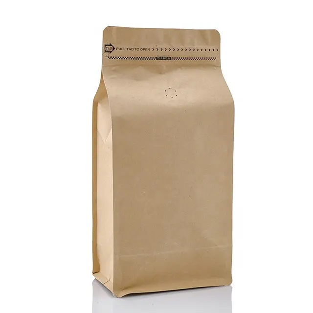 Venta al por mayor 250g 500g 1kg de papel de aluminio de fondo plano papel kraft marrón, bolsa de embalaje de café con válvula y ziplock