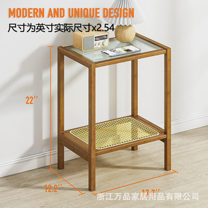 <b>Glass</b> Top Bamboo <b>Side</b> <b>Table</b> With Storage Shelf For Bedroom Nightstand Durable Natural Brown - Product Image 5