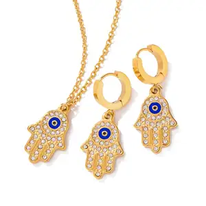 Luxury 18K Gold Plated Stainless Steel Clear Cubic Zirconia Blue Evil Eyes Hand Pendant Necklace Earring for Women