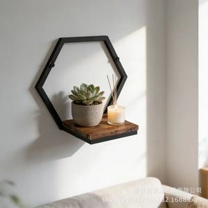 Hexagon <b>Wall</b> <b>Shelf</b> With Wooden Tray For Plant And Candle Display Geometric Decorative Storage Rack <b>Wall</b> <b>Mounted</b> Type - Product Image 1