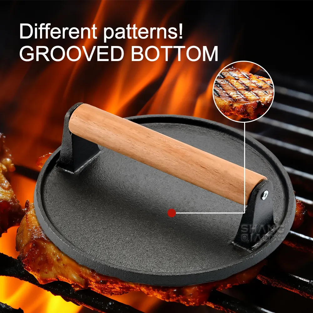 Round Shape BBQ cast iron meat press steak meat grill press With Wooden Handle cast iron Bacon press