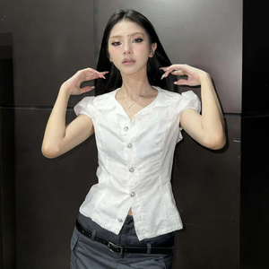 Blusa de Manga Abullonada con Cuello de Muñeca Estilo Academia para Mujer, Camisa Corta con Botones de Perlas y Cintura Ajustada - Product Image 5