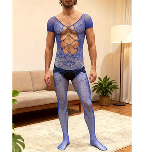 Men's Sexy See Through <b>Fishnet</b> Bodysuit Blue Nylon Spandex Mid Rise Tight Jacquard Suspender Underwear - Product Image 3