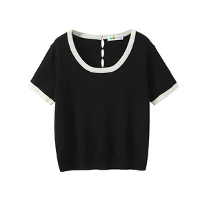 Camiseta de punto negra a rayas Happy Plus N9155, talla grande, manga corta, estilo universitario, poliéster fino para mujer - Product Image 5