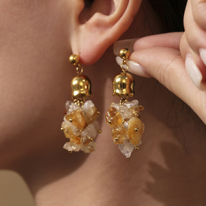 Pendientes Minimalistas de Piedra Natural Irregular, Pendientes de Amatista y Citrino, Pendientes Largos de Acero Inoxidable con Borla para Mujer - Product Image 3