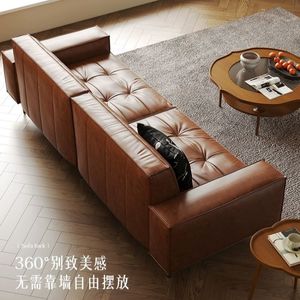 Vintage French Retro Oil Waxed Leather <b>Sofa</b> Straight Shape Tufted Foam Filling For Small Living Rooms - Product Image 4