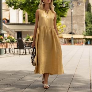 เดรสผ้าลินินเรียบง่ายแบบสั่งตัดสำหรับฤดูร้อนปี 2025 ทรงหลวม คุณภาพสูง ชุดเดรสยาวสำหรับผู้หญิง - Product Image 2