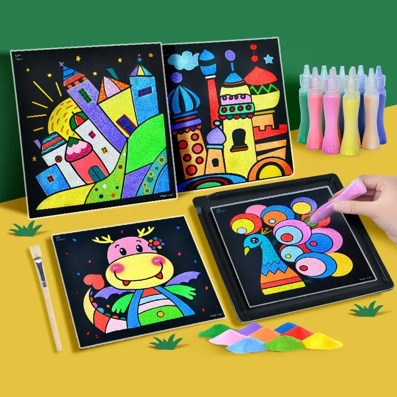 Professionele Fabriek Zand Kunst Kleurrijke Diy Kunst Sticker Papier Zand Tekening Creatieve Kinderen Zandkunst Voor Kinderen