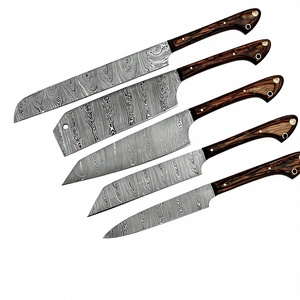 Juego de 5 Cuchillos de Cocina Hechos a Mano de Acero de Damasco con Hoja Recta y Punta Caída, con Mangos de Madera, Personalizables OEM/ODM/OBM - Product Image 1