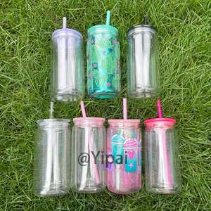 Pre Drilled Hole Glitter Double Wall Snow Globe 16 oz <b>Plastic</b> Beer Can Shaped Acrylic Clear <b>Cup</b> with Lid and Straw - Product Image 2