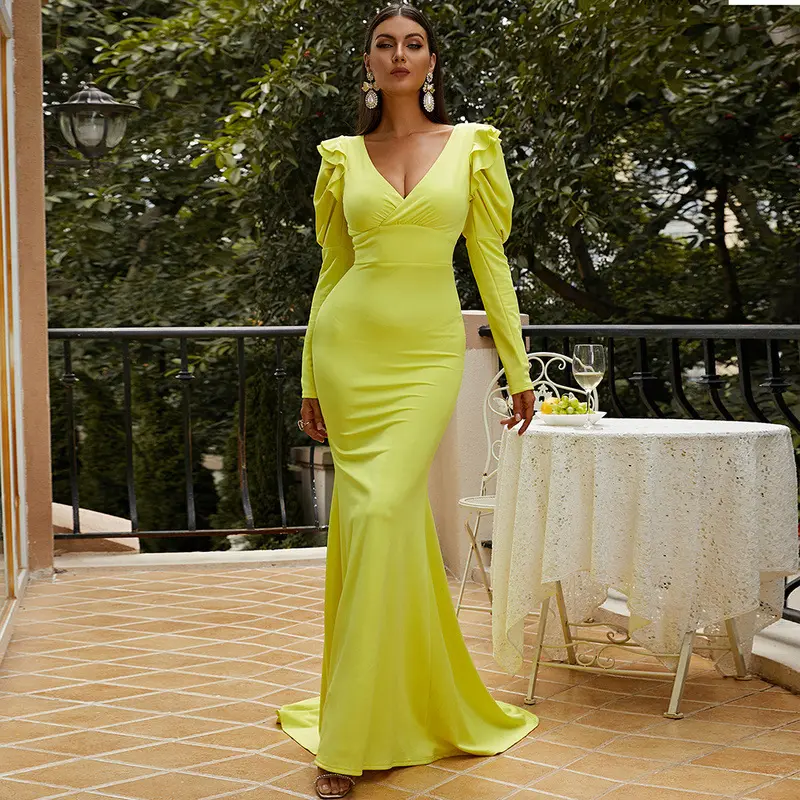 Elegant V-neck Ruffle Sexy Dress Long Sleeve Women Floor Length Dress High Waist Solid Color Evening Dress
