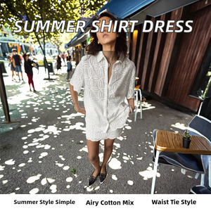 Robe chemise midi tissée respirante à col rabattu simple, manches courtes, ajourée, avec ceinture, pour femme, style décontracté d'été - Product Image 2