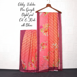 Saris en soie Georgette Pallu à impression numérique traditionnelle avec chemisier - Product Image 1