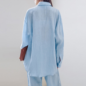 Boutique all'ingrosso 2025 estate ampia di <span class=keywords><strong>lino</strong></span> di cotone semplice camicia a maniche lunghe <span class=keywords><strong>pantaloni</strong></span> <span class=keywords><strong>lunghi</strong></span> Casual da donna - Product Image 3