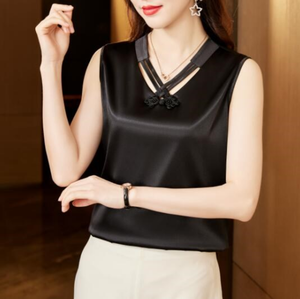 3206# M-5XL Blouse d'Été Sans Manches en Satin Tendance pour Femme Col V Uni Chemise Élégante et Jeune Haut Ample Décontracté en Soie Blusas - Product Image 3