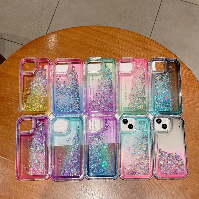 For iPhone 14 Pro Max 15 12 17 case Water Glitter Liquid Quicksand Transparent Four Corner Anti Fall Design for Woman Phone case